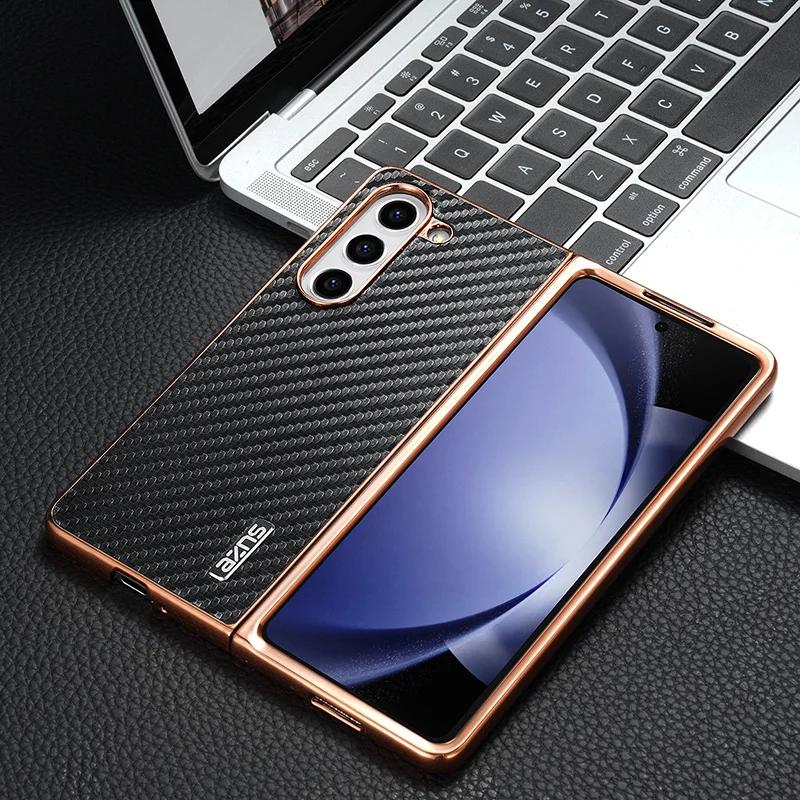 Capa com Padrão de Fibra de Carbono para Z Fold7 Fold 6 para Samsung Galaxy Z Fold 7 6 5 4 3 5G Moldura Galvanizada Capa Traseira para Celular Etui
