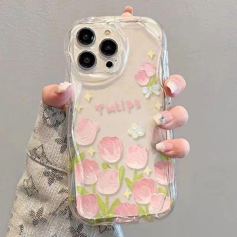 Pink Oil Painting Tulip iPhone17Promax Mobile Phone Case Transparent Application Apple 16promax Cream Case