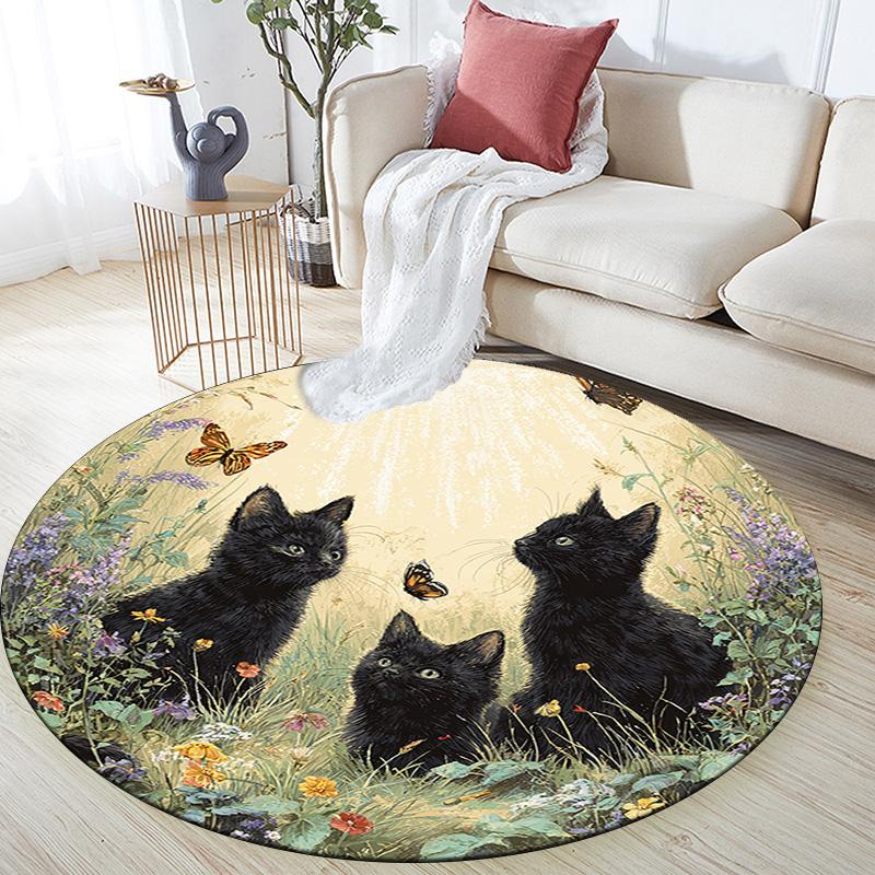 Black Cat Round Area Rug,Carpet Rug for Living Room Bedroom Sofa Playroom Decor,Non-slip Floor Mat