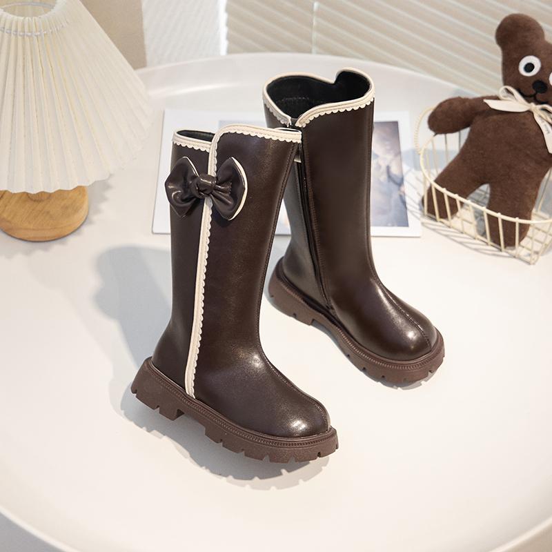 School Shoes for Girls Boots Autumn Kids Princess Leather Boots with Cute Bow Soft Sole Simple Christmas Party Boots