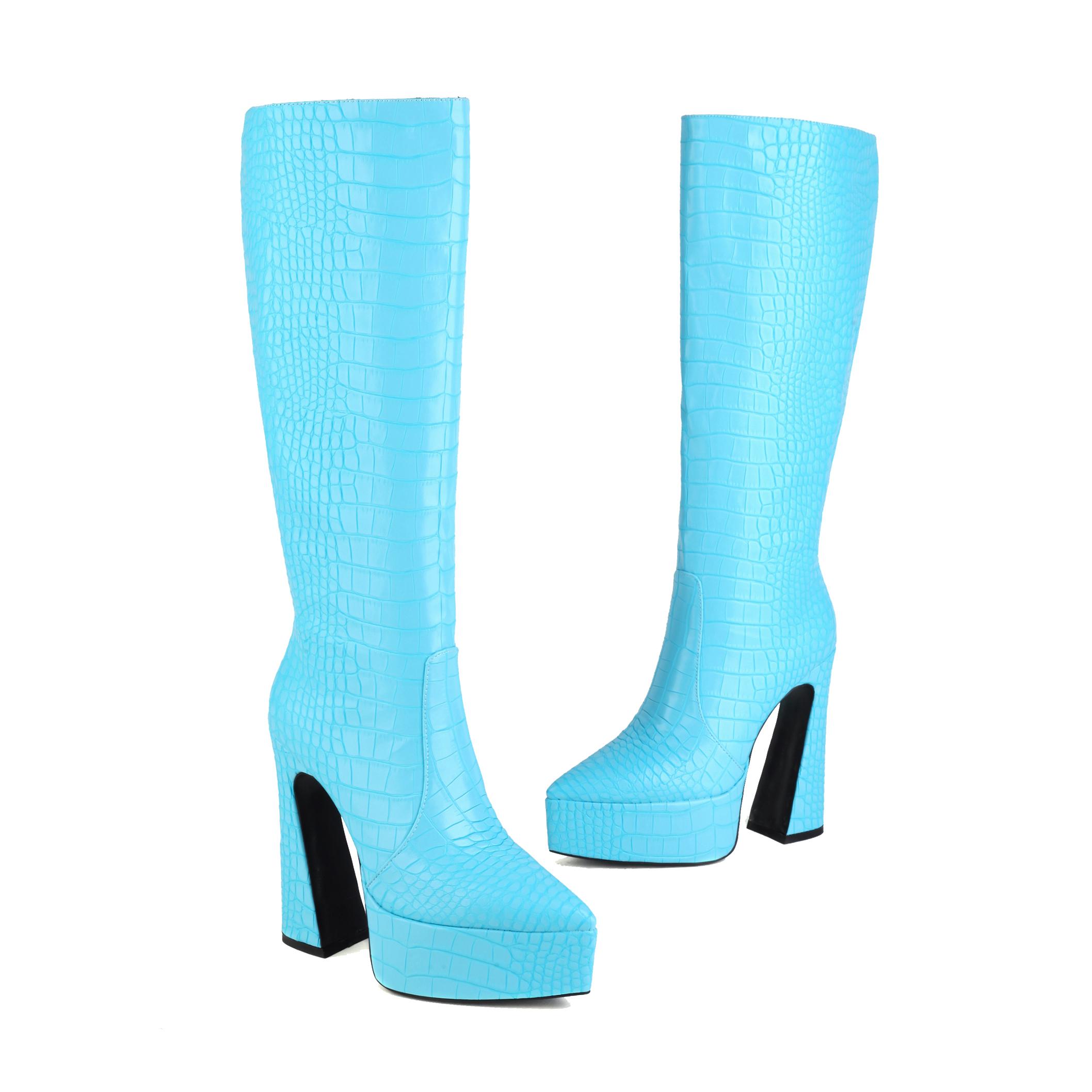 

Q/женские сапоги на высоком каблуке, осенне-зимние новые сапоги средней длины с узором из крокодиловой кожи, водонепроницаемые ботинки на платформе, толстом каблуке, большие однотонные сапоги средней длины 45