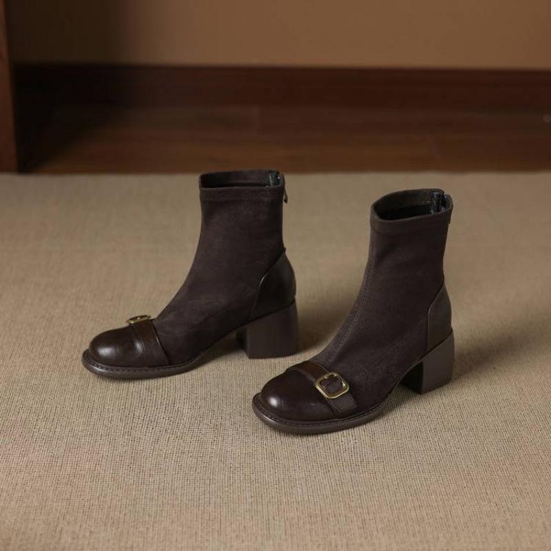 New elastic suede rear zipper Martin boots comfortable rear zipper solid color large size women's boots autumn and winter medium boots women's