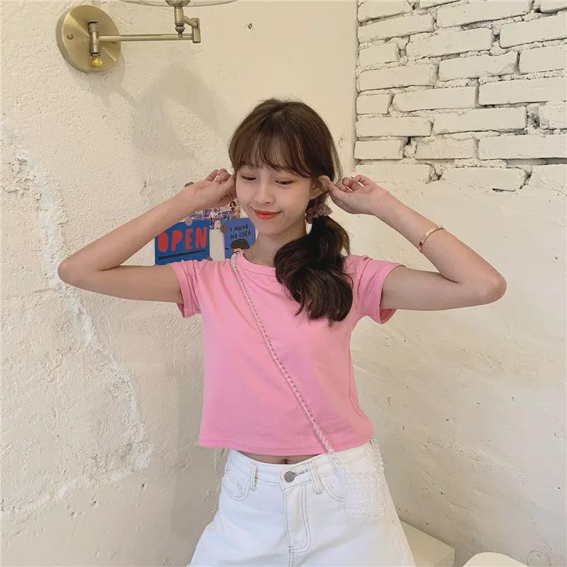 2025 Damen Süß & Würzig Bonbonfarbenes Crop-Top - Kurzärmelig, Hochtailliert, Einfarbiges T-Shirt für den Sommer