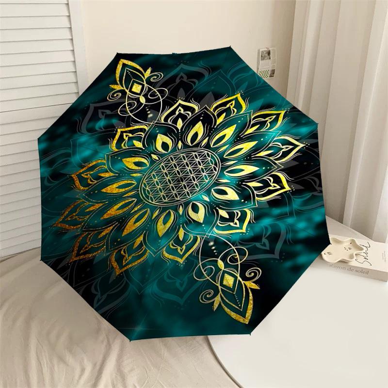 

1PC Mandala Lotus Automatic Open/Close Umbrella Compact Folding Umbrella with 8-Rib Shaft lightweight esign, Highquality Fabric1163A
