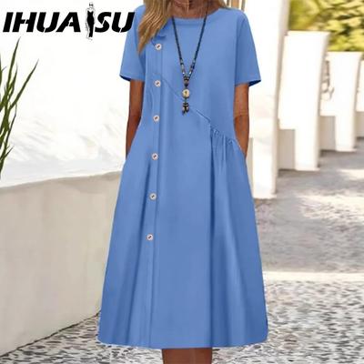 Women's Fashion Summer Spring Solid Color Print Short Sleeve O-Neck High Waist Casual Dresses