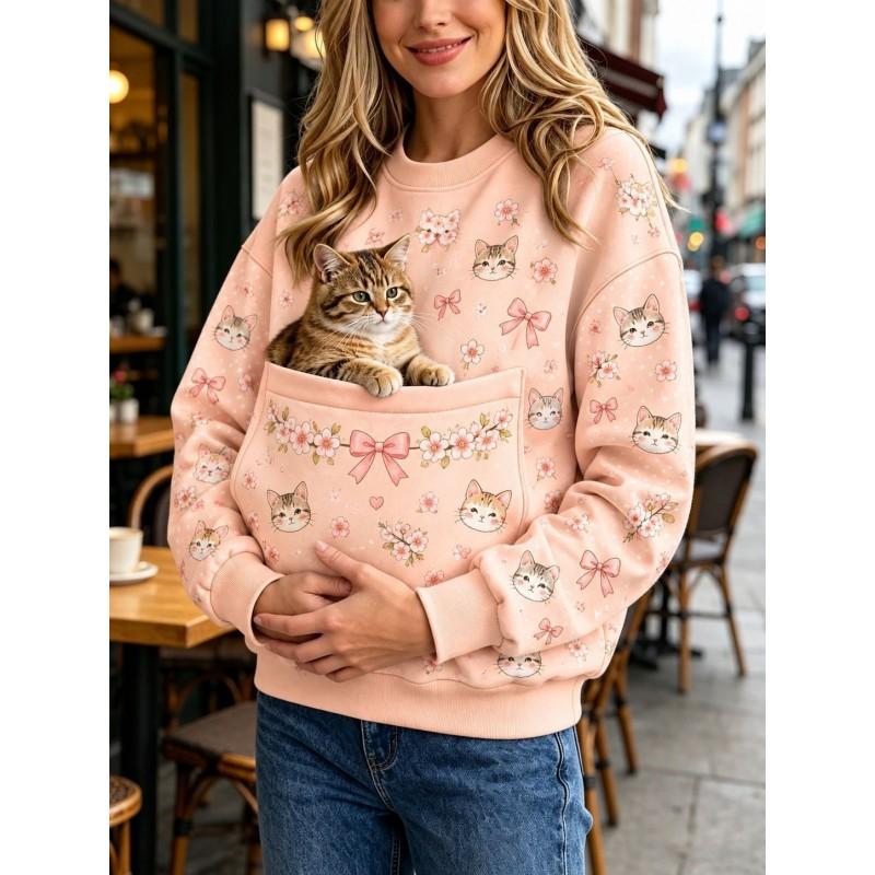 Christmas Cat Pocket Print Sweatshirt Retro Long Sleeve Top Holiday