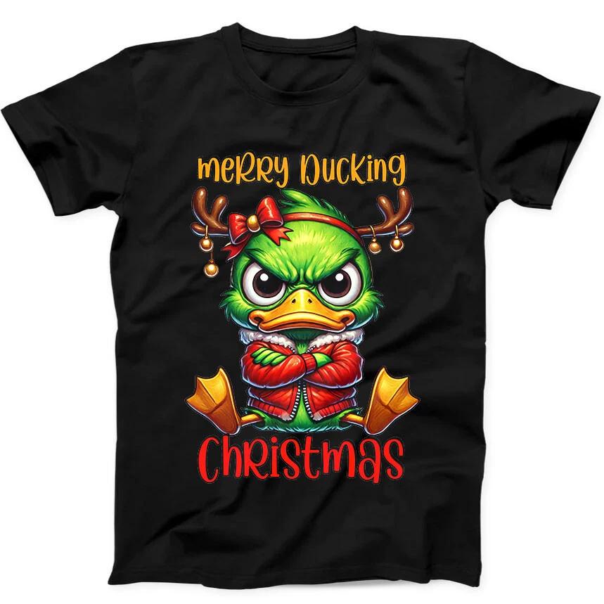 Merry Ducking Christmas Duck Saying Meme Funny Gift Black Tee T Shirt 210