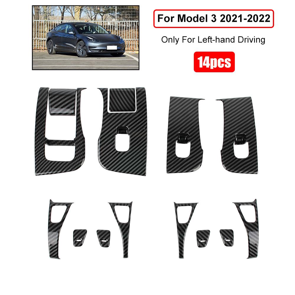 Car Interior Stickers 14pcs Window Lifter Switch Button Frame Cover For Tesla Model 3 2017-2022 Carbon Fiber