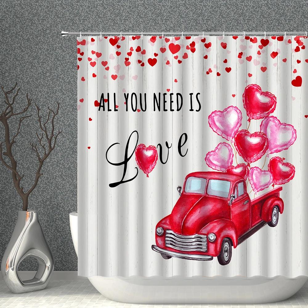 Love Shower Curtain Romantic Lover Rose Flower Piano Balloon Petal Bicycle Print Pattern Washable Household Decoration With Hook