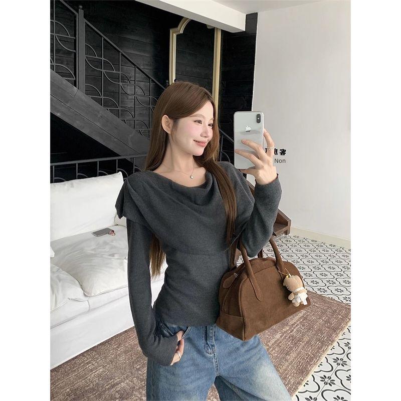 Kumikumi New Arrival Chic Swing Collar Oatmeal Color Long Sleeves Knitwear Women's Clothing Fall Easiest for Match Figure Flattering Graceful Tops