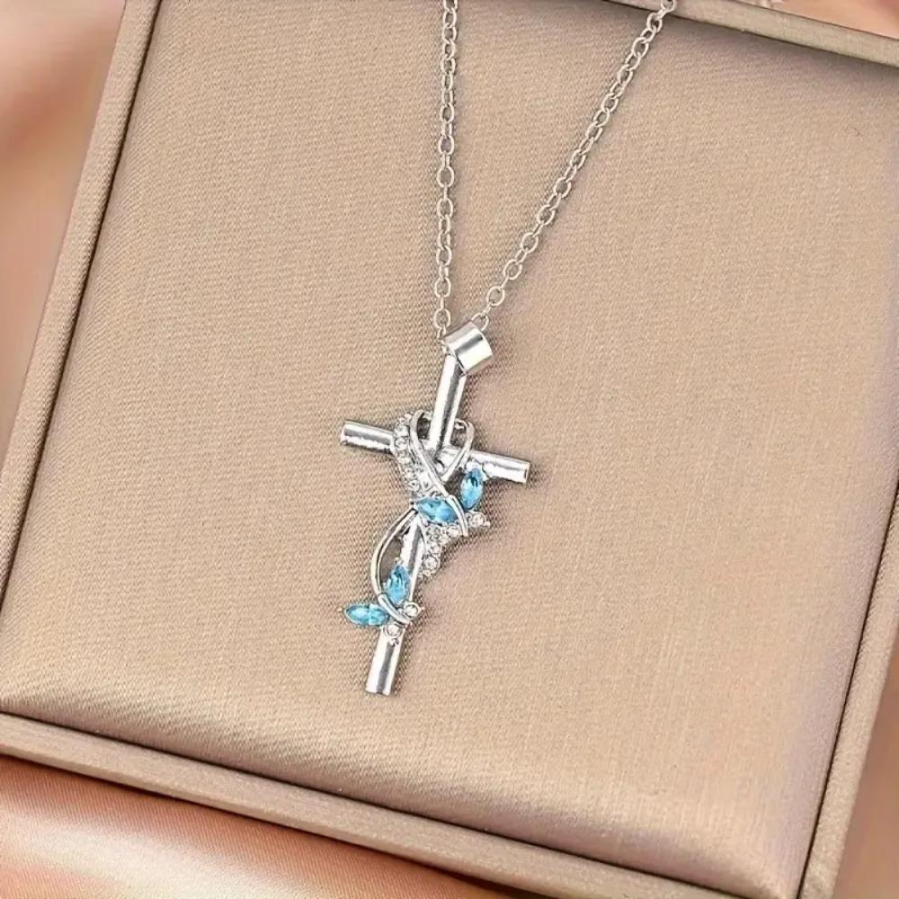 Silvery Color Plated Necklace Jewelry Women Wedding  Cross CZ Crystal Zircon Stone Pendant Christmas Gift