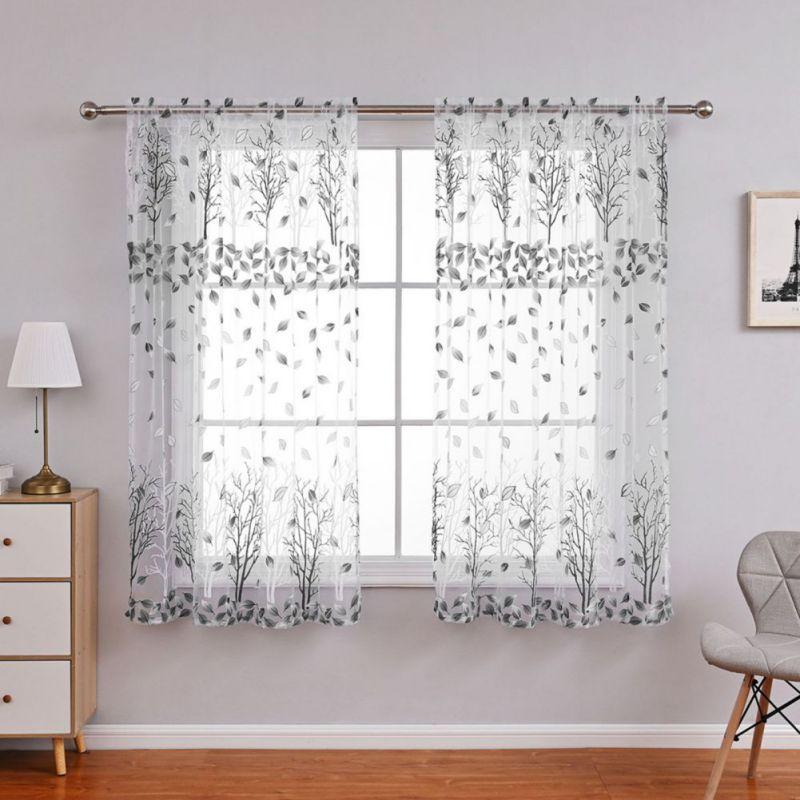 2pcs Leaves Printed Translucent Gauze Curtain Home Curtain