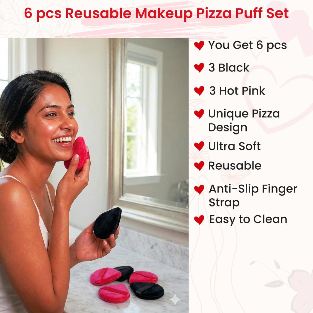 TEMPERIA (6 Pcs) Powder & Makeup Puff for Women - Face Foundation Triangle Pizza Puff Blender Sponge Set - Smooth Coverage | Ultra Soft | Travel Fr