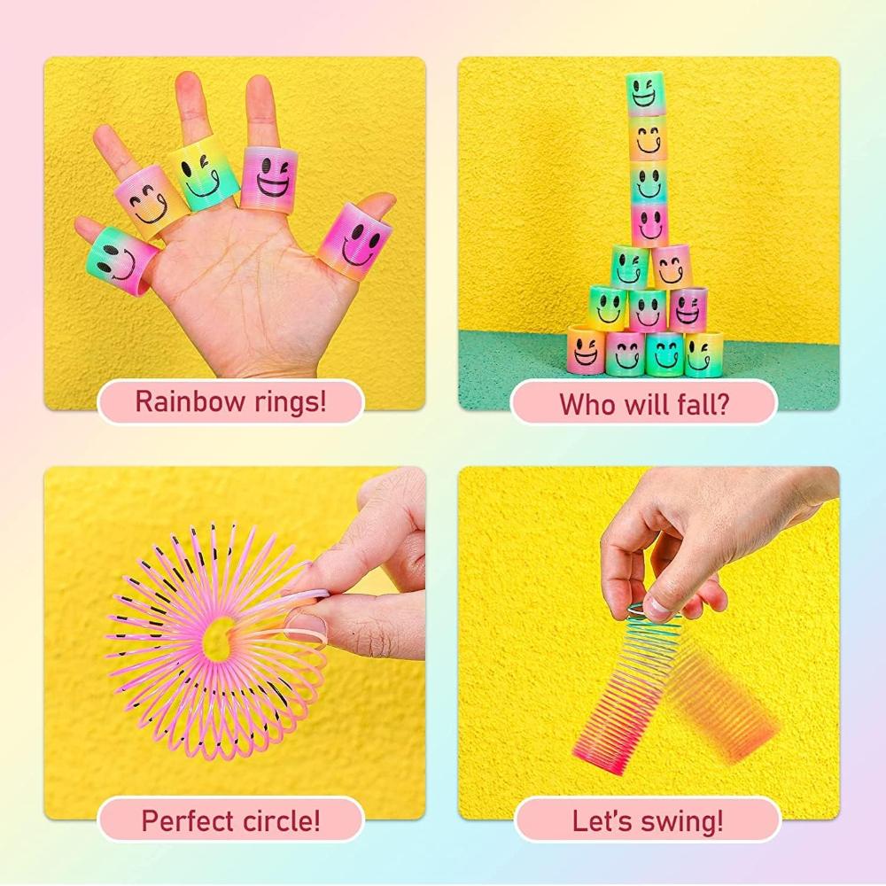 12PCS Children's Colorful Spring Ring Toys Mini Smiling Face Elastic Rainbow Ring Magic Toys Children's Birthday Party Gifts