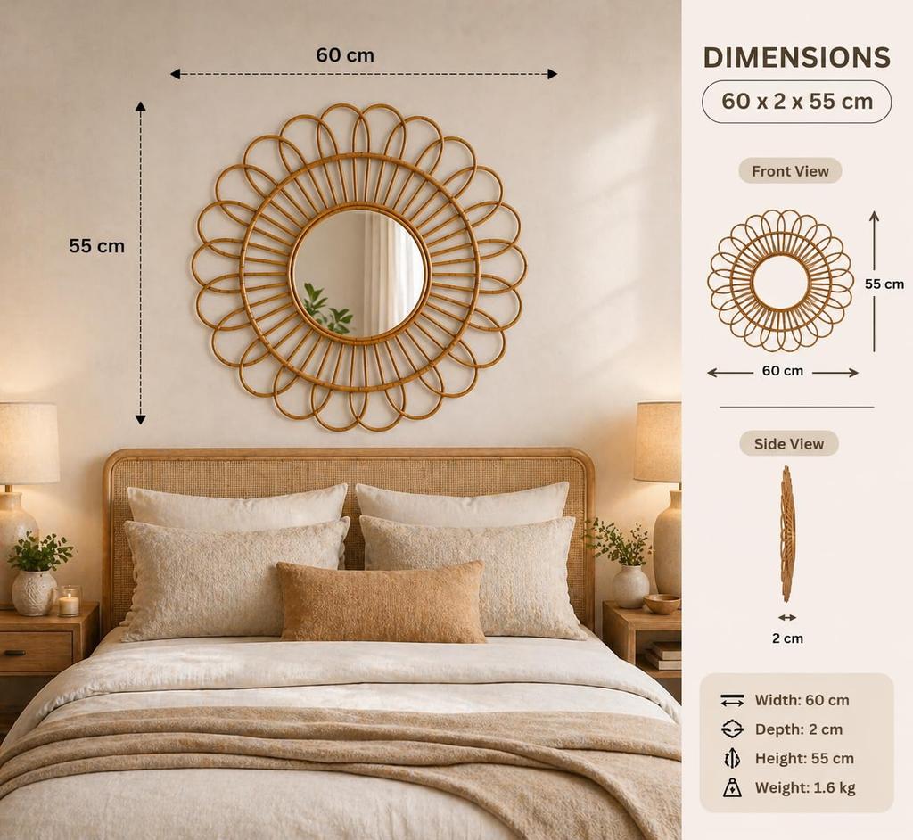 Eco Decx Rattan Flower Wall Mirror, Handwoven Boho Decorative Hanging Mirror for Bedroom & Living Room Decor, 60 x 2 x 55 cm