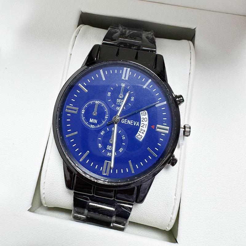 

Мужские стальные кварцевые часы с большим циферблатом и тремя дополнительными циферблатами Blue Dial Silver Needle Black Case Black Strap