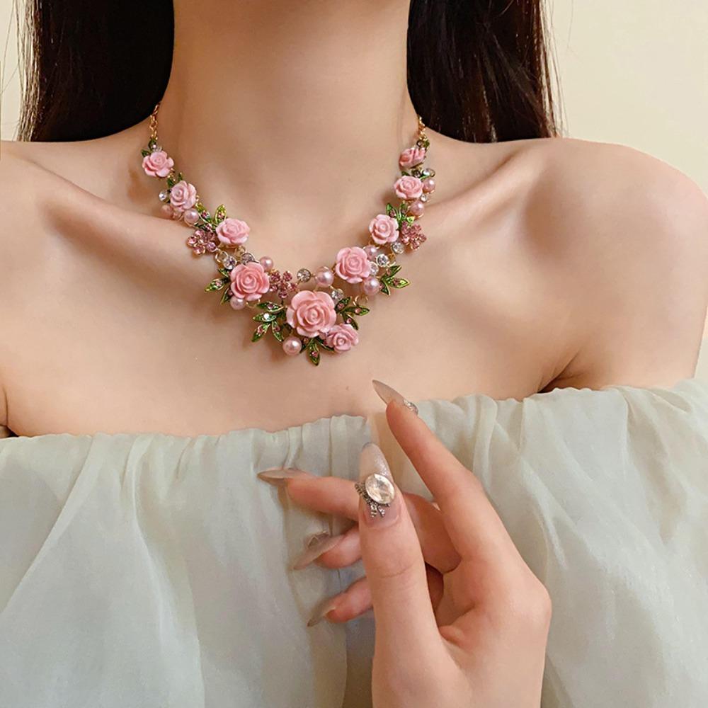 Pearl Flower Bracelet Rhinestone Stud Earrings Luxurious Rose Flower Necklace Party