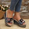 Fashion Bohemia Flower Fabric Strap Wedge Heel Sandals Women Summer Round Toe Super High Heel Slides Casual Hemp Sole Beach Slippers