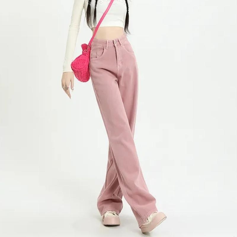Women's Summer Dirty Pink High Waisted Wide Leg Jeans Straight Leg Loose Fit Versatile Slimming Long Pants