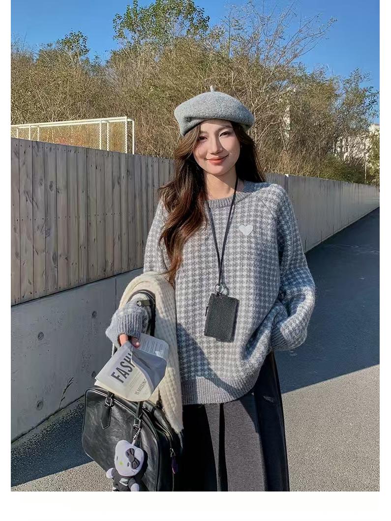 

2025 Women s Houndstooth Knitted Cardigan: Soft Girl, Autumn Style One Size