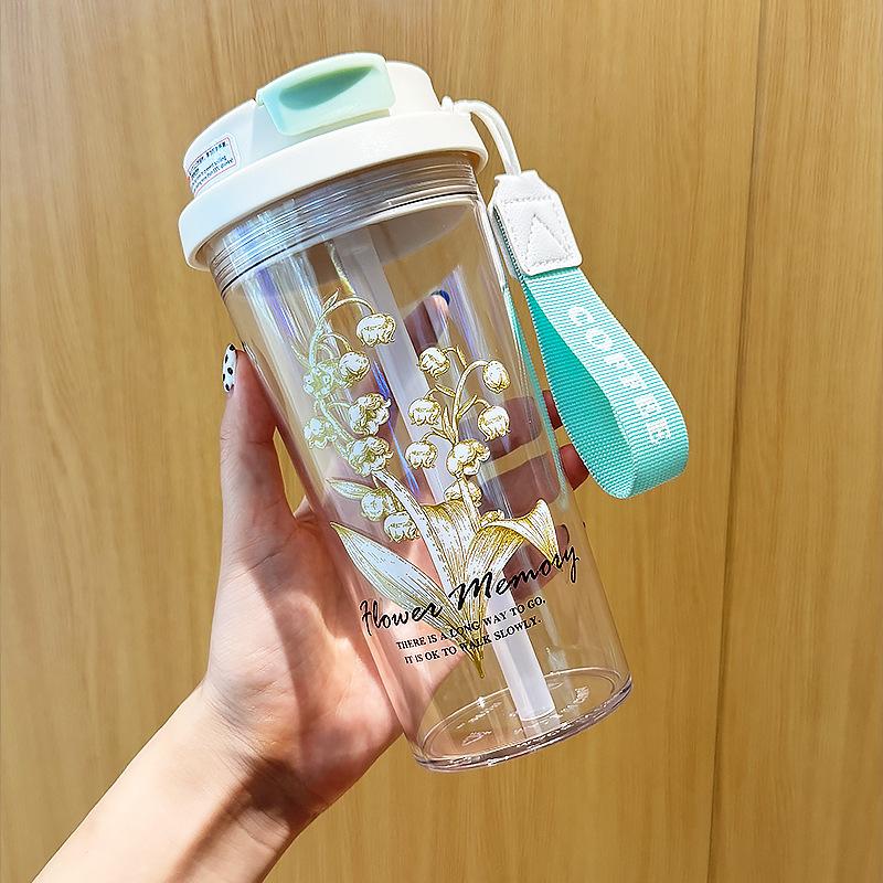 Water Bottle High Value Student Water Cup Lily of the Valley Coffee Cup Will Carry Rope Plastic Cup Summer Double Drinking Cup
