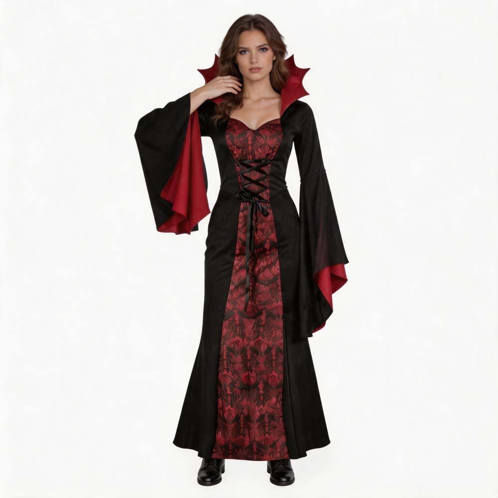 Vampire Witch Cosplay Costume Gothic Vampire Dress for Halloween Party Medieval Renaissance Long Gown Black for Women