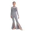 Girls Jazz Dance Costume Mock Neck Long Sleeve Cutout Back Sheer Mesh Sequins Bell Bottom Jumpsuit