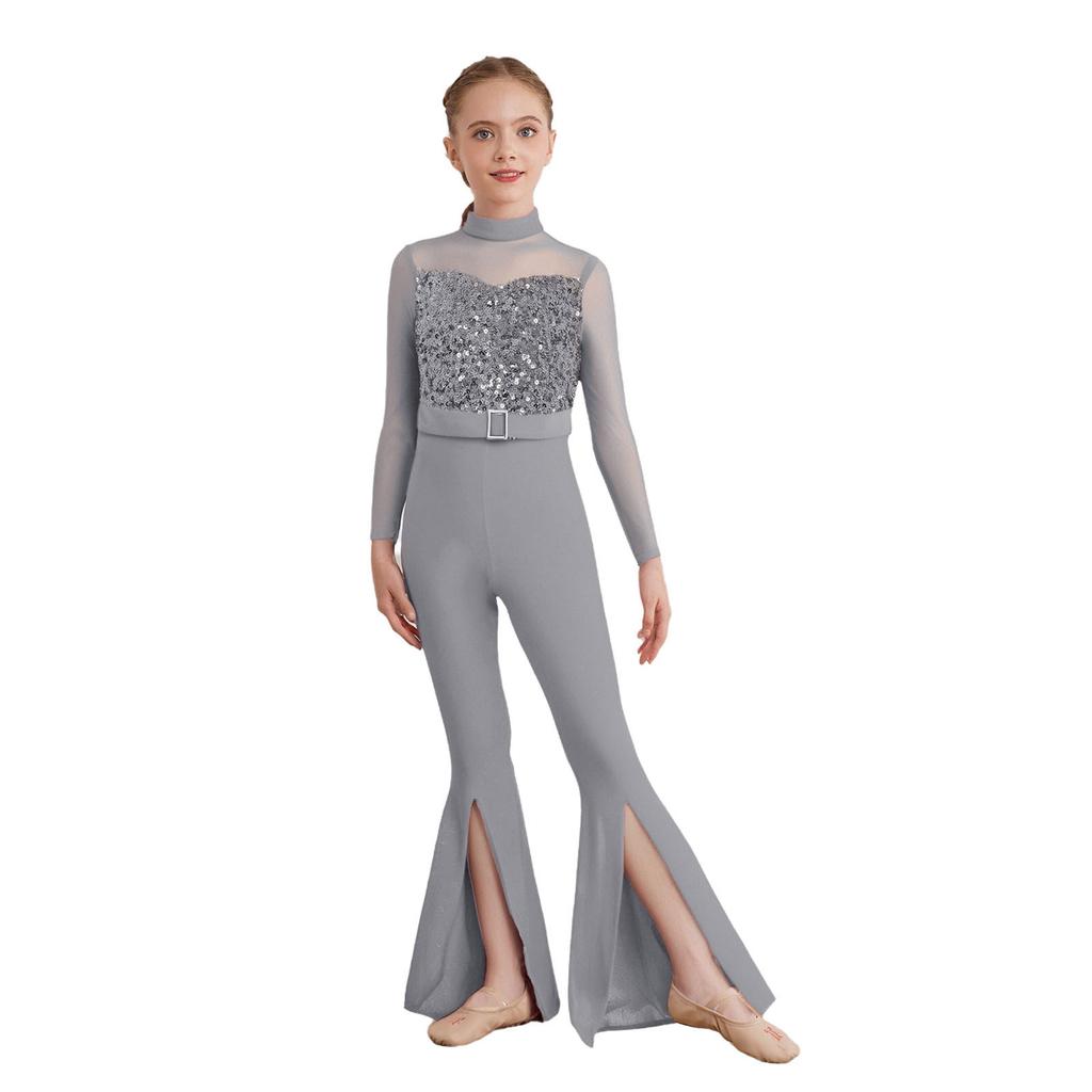 Girls Jazz Dance Costume Mock Neck Long Sleeve Cutout Back Sheer Mesh Sequins Bell Bottom Jumpsuit