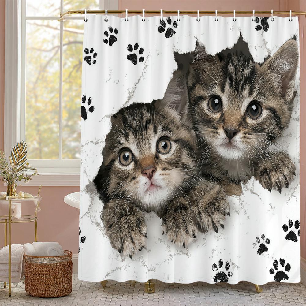 Creative Cartoon Cute Cat Funny Shower Curtain, Bathroom Decorative Shower Curtain, Waterproof Shower Curtain With Hooks