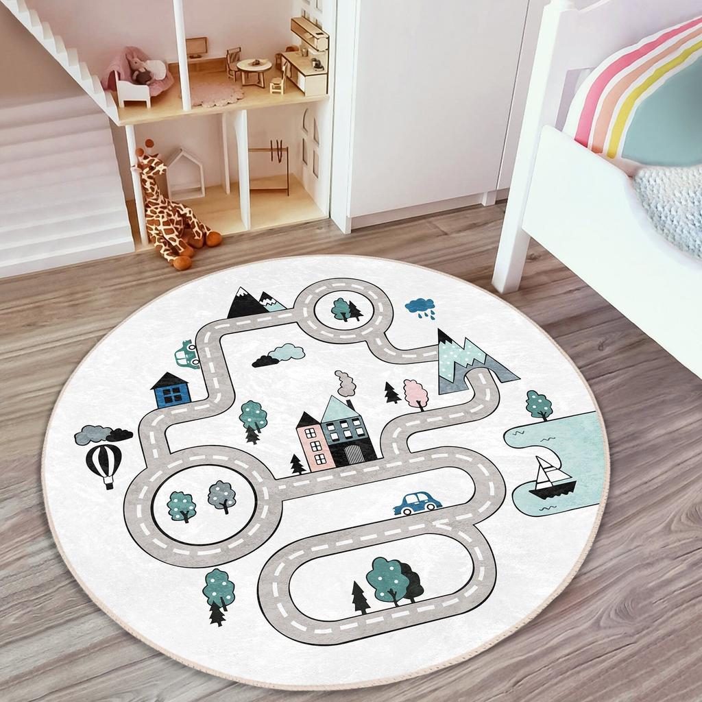 Circular Area Rug Creative Street Track Town Map Pattern Non Slip Washable Ground Blanket for Gaming Zone Living Room Decor