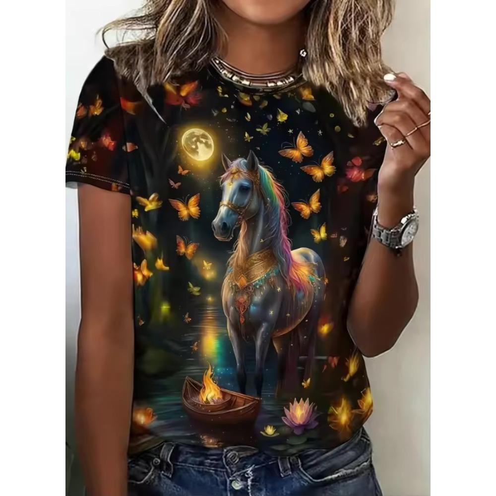 Women's Summer Elegant Fashion T-shirt Women's Popular Casual Comfortable Elegant Steed 3D Printed Short Sleeve Top