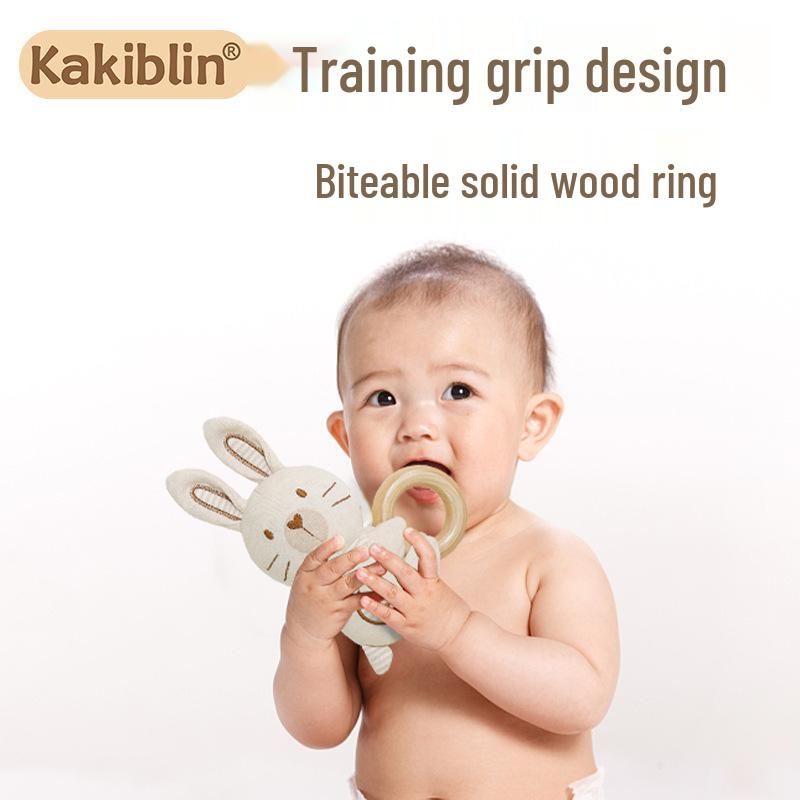 Organic Cotton Baby Teether & Rattle with Wooden Ring and Soothing Bell.
