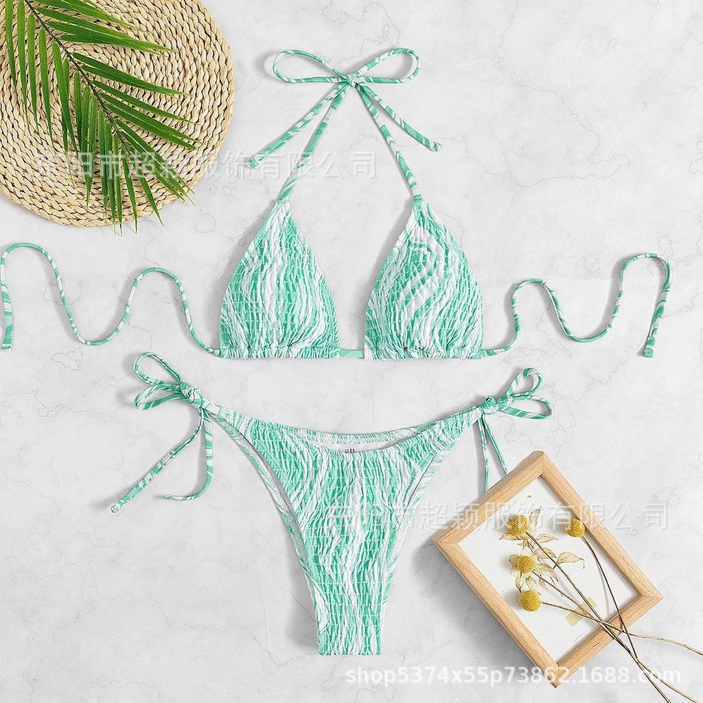 European And American Ocean Wind Ins Popular Sexy Triangle Bag Cable Print Halter Beach Bikini