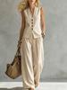 Women's Sleeveless Vest Two Piece Set V Neck Button Waistcoat Wide Leg Pants Linen Blend Commuter Suit Summer Outfit