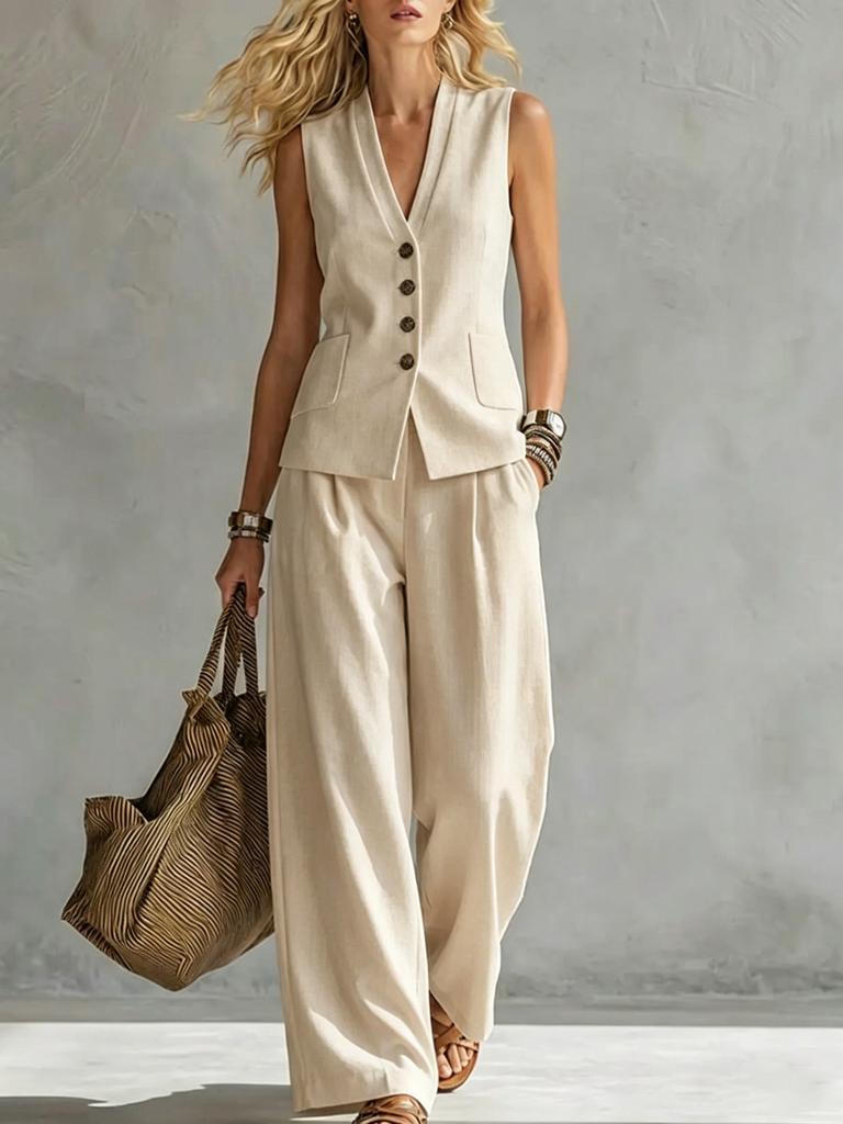 Women's Sleeveless Vest Two Piece Set V Neck Button Waistcoat Wide Leg Pants Linen Blend Commuter Suit Summer Outfit