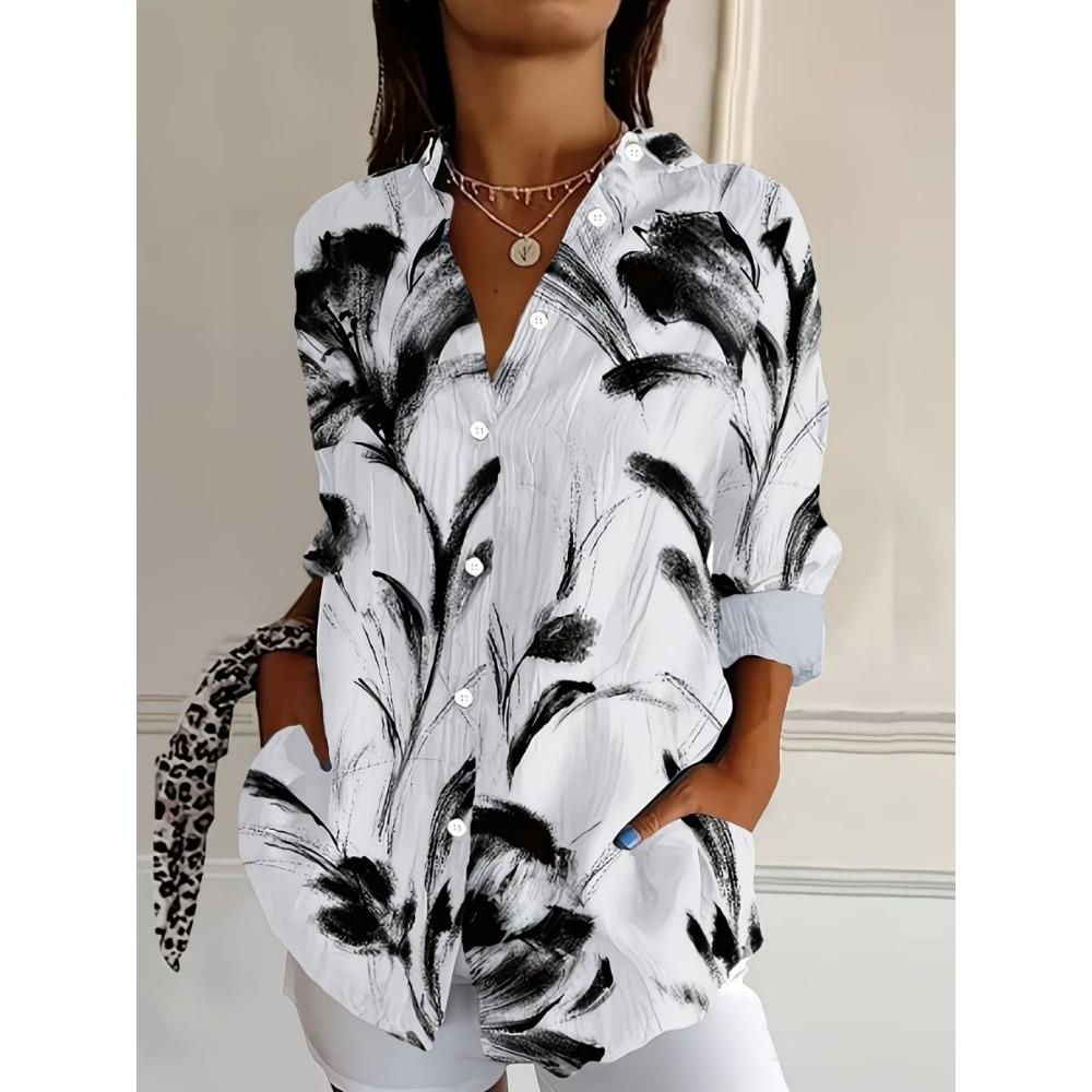 Summer Minimalist Shirt with Floral Digital Print Button Up Shirt Top for Women's Hawaiian Beach Vacation Casual Shirt