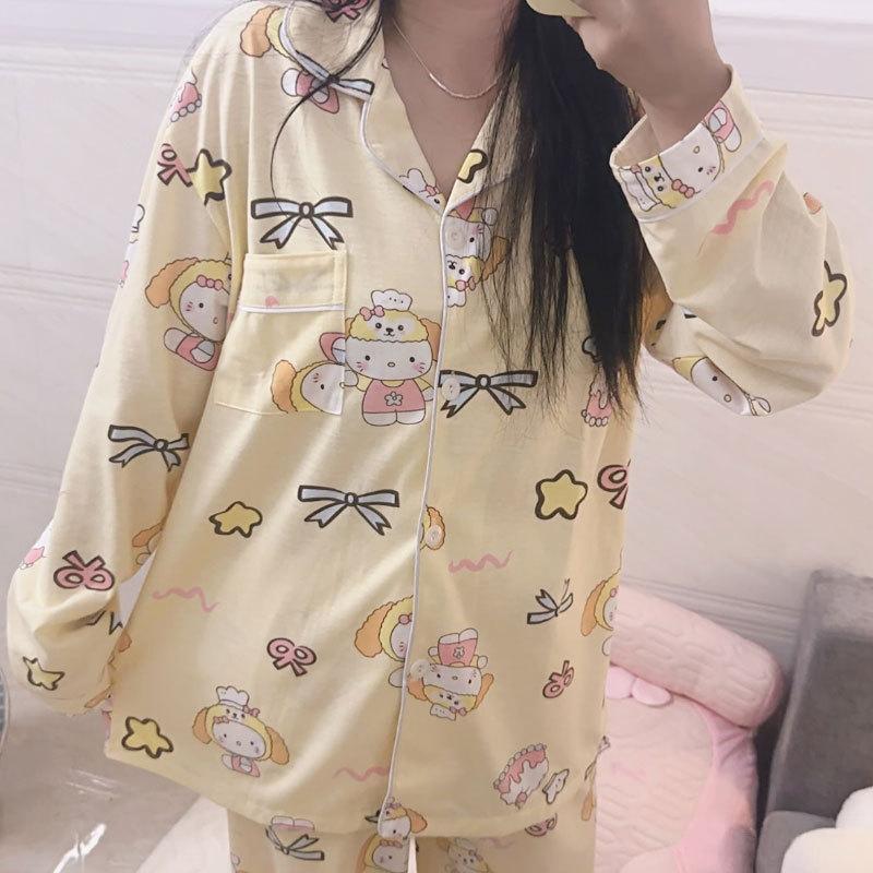 Fresh and sweet wind imitation cotton pajamas women's spring and autumn cute strawberry cardigan long-sleeved women's loungewear set autumn