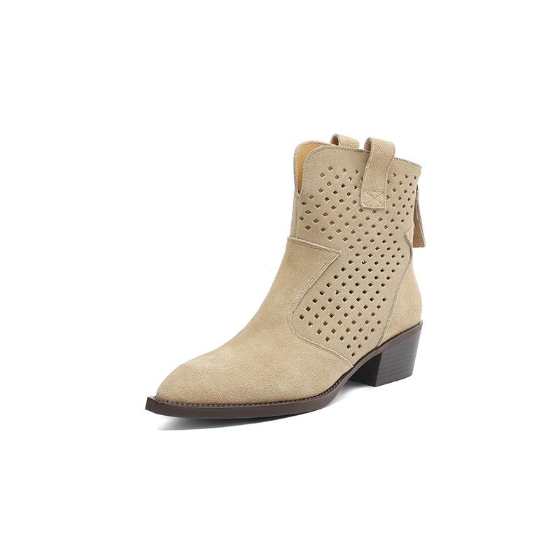 Fashion 2025 Spring Autumn Chelsea Boots for Woman Cow Suede Pointy Toe Wedge Heel Ankle Boots Cutouts Comfortable Cowboy Boots Female
