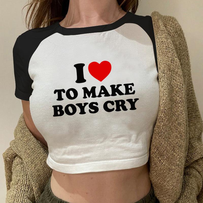 New European and American Spice Girls alphabet-printed navel top summer round neck pullover slim shoulder sleeves short T-shirt