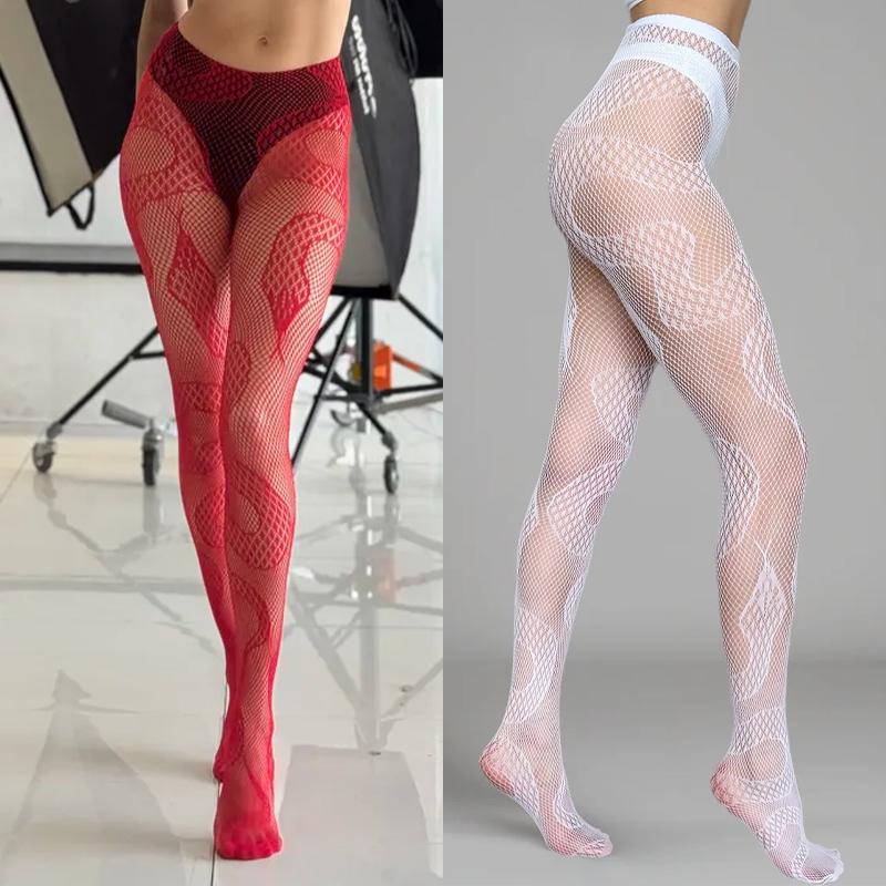 Gothic Schlangenmuster Netzstrümpfe Schwarze Strumpfhose Damen Sexy Nylon Transparent Feinstrumpfhose Y2K Lolita Ausgehöhlte Blumenspitze Cosplay Socken
