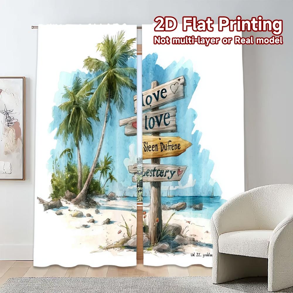 2pcs, 2D FLAT PRINTING Curtains (Without Rod) Beach Paradise Pattern Modern Curtains Durable Polyester Curtains Decorations For