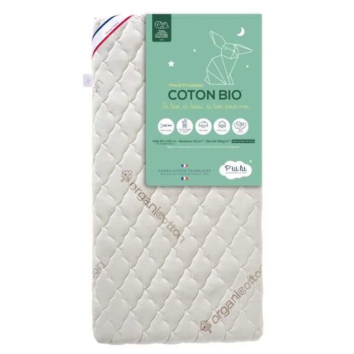 P'tit lit - matelas bébé coton bio - 60x120 cm - 100% coton : matière naturelle d'origine végétale - sans traitement chimique -