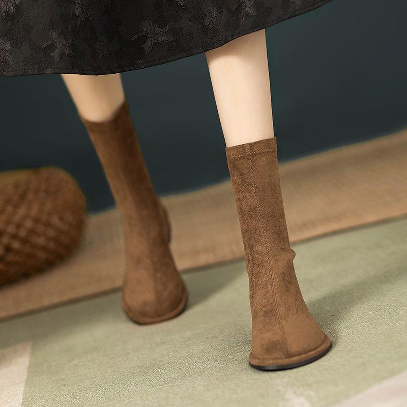 Fashion Suede Elastic Elegant with Low Heels Ladies Mid Calf Shoes Winter 2025 Novelty Sale Y2k Comfortable Goth Women's Half High Boots