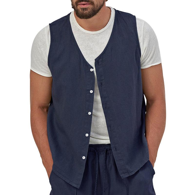 Men Lapel Sleeveless Waistcoat Full Button Thin Cotton Linen Loose Summer Outdoor Casual Cardigan Tank Tops M темно-синий