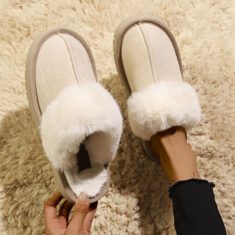 Fashion 2024 Winter Plush Low-top Thick-soled Fur Warm Women's Slippers Flat New Horseshoe Cotton Rubber Roman Toe-cap Slippers Traf