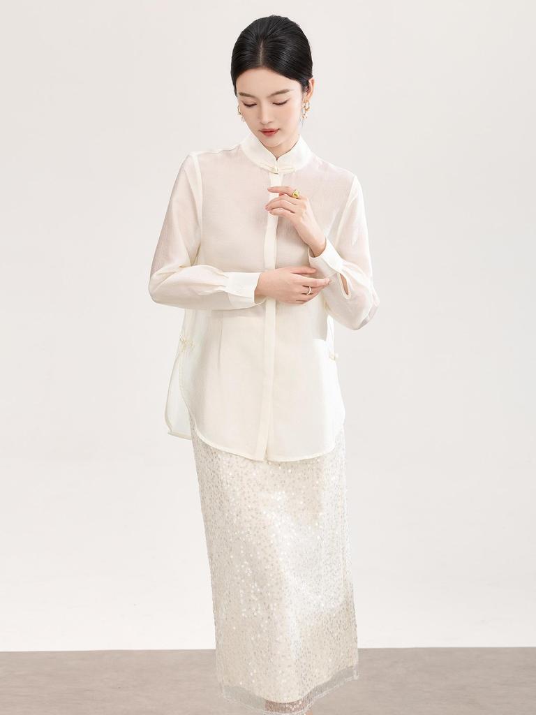 High-End Women's Silk Jacquard Frog Button Zen Shirt - Chinese Style Tea Ceremony Top for Spring