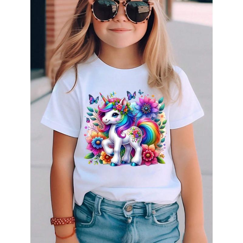 European sizes Girls Summer Short Sleeve T-Shirt with Butterfly Unicorn Print Fashion Casual Versatile Top 110 белый