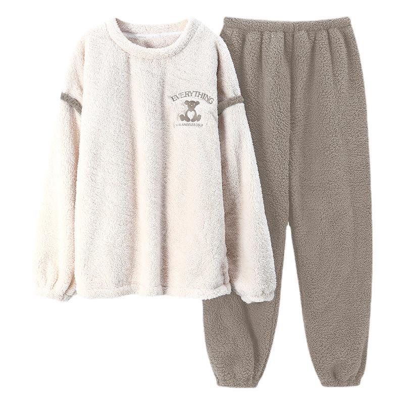Couples' Cozy Flannel Pajama Set: Women's Plus Velvet, Men's Loose Fit, Warm Coral Fleece Homewear