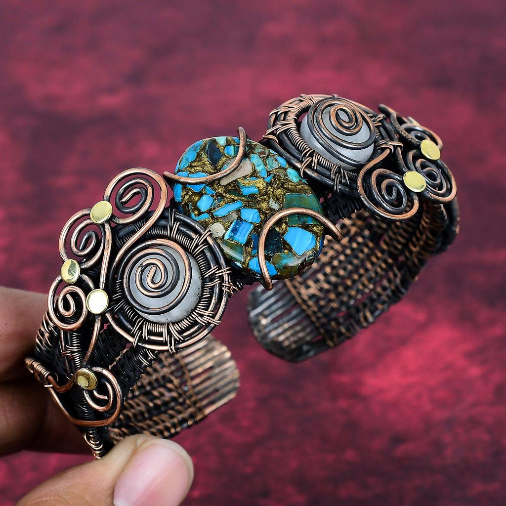 Copper Chrysocolla Bangle Copper Wire Wrapped Adjustable Moonstone Cuff Bracelet