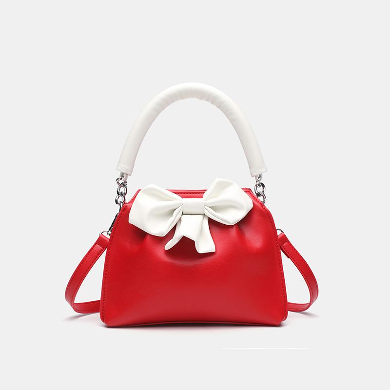 Fashiable and versatile color blocking small square bag with bow and pleated black handbag